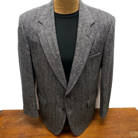 Towncraft 100% Shetland Wool Gray Herringbone Men 44L Blazer 2 Button Sport Coat - Picture 1 of 11